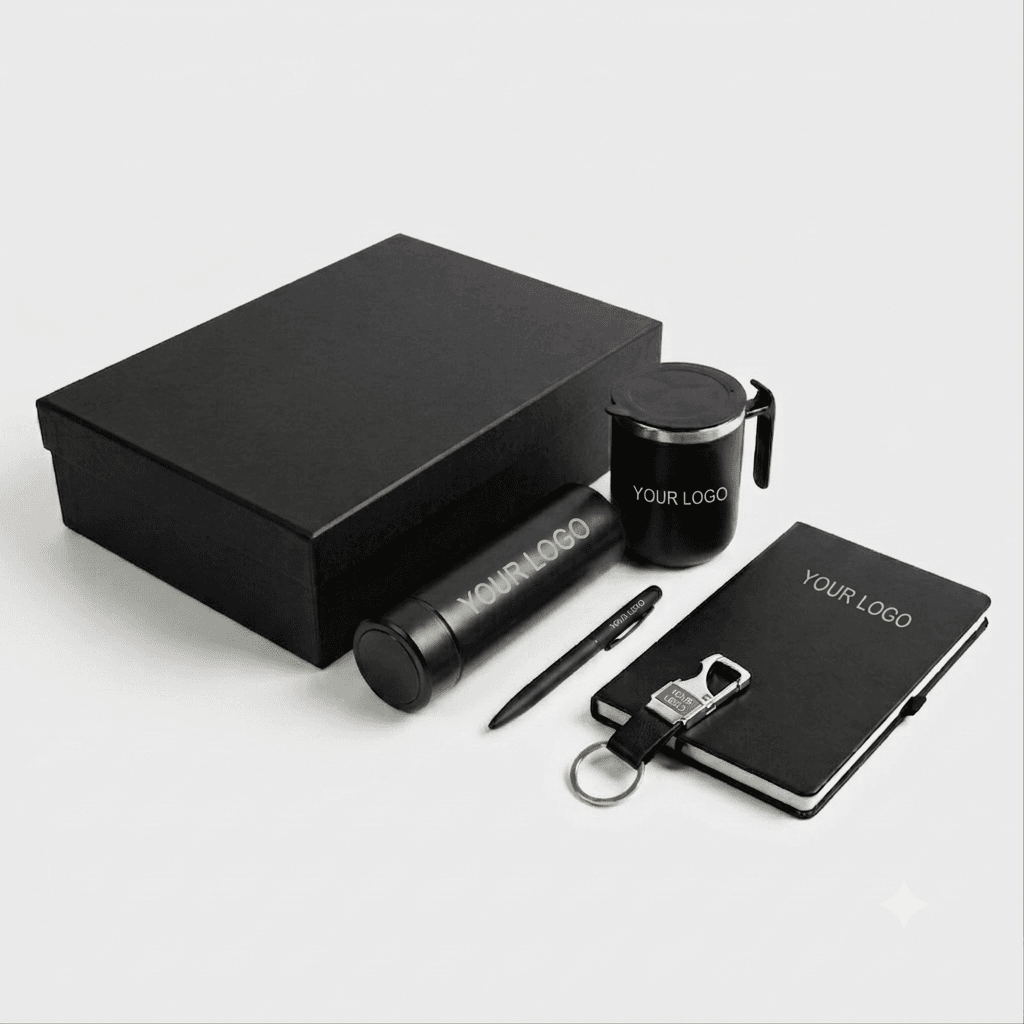 Custom corporate gift set with logo including notebook, bottle, mug, pen, and keychain in premium black packaging for Diwali gifting and branding.