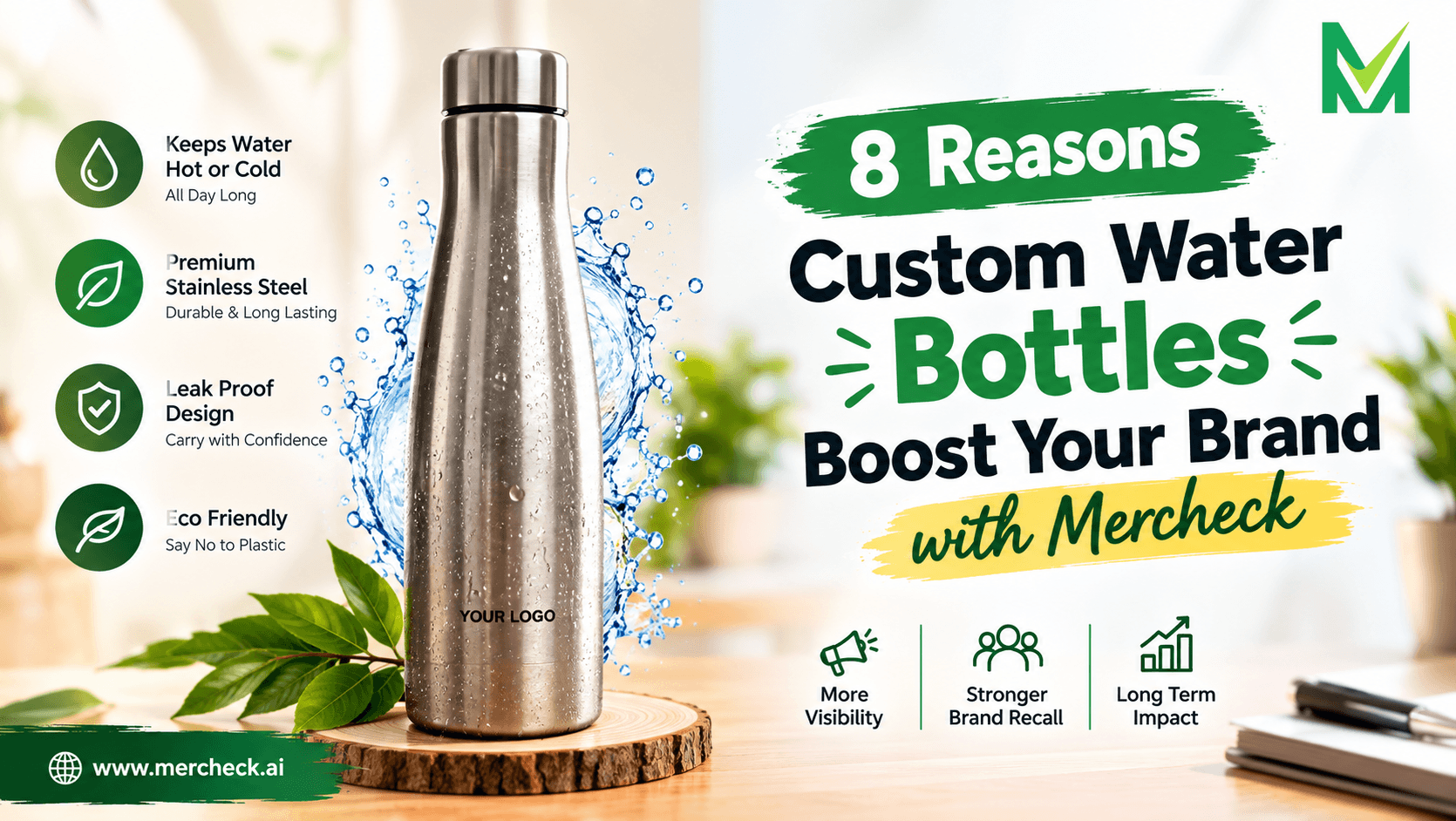 Custom water bottles with branding benefits, featuring a stainless-steel bottle and promotional messaging by Mercheck.