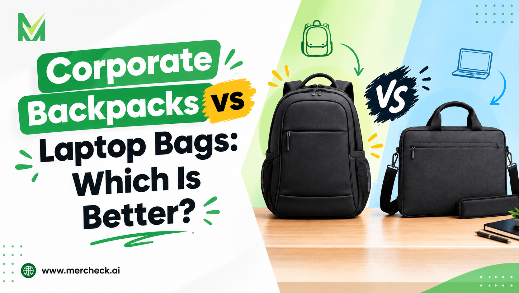 Corporate backpacks vs laptop bags comparison graphic featuring a black backpack and laptop bag, with bold green and black typography and the text “Which Is Better?”