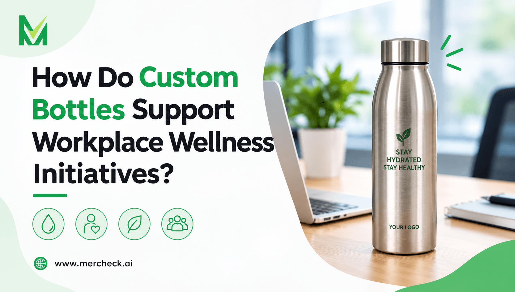 Custom bottles supporting workplace wellness initiatives with hydration, health, sustainability, and employee wellness icons.