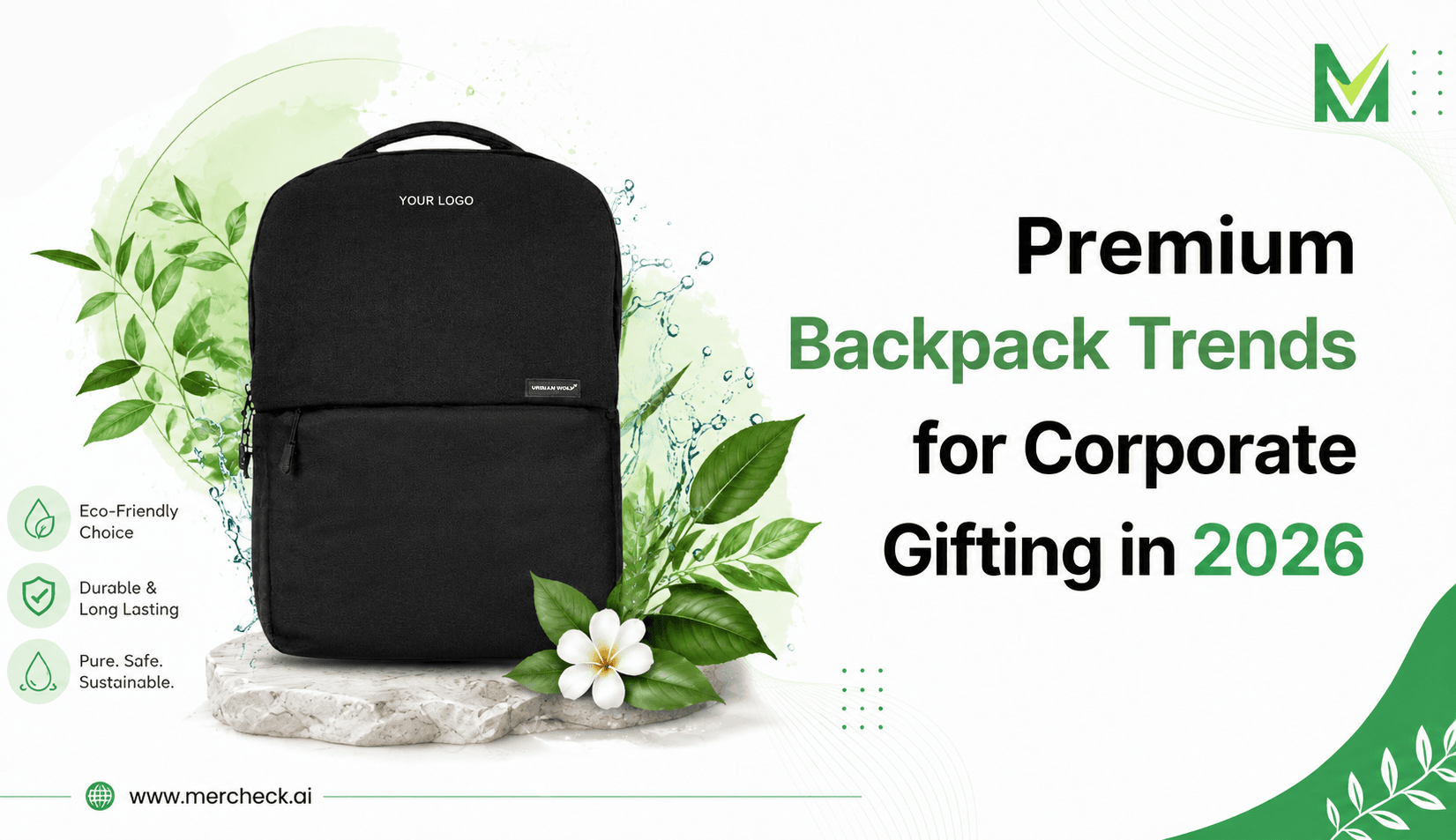 Premium black backpack for corporate gifting trends in 2026, presented with green foliage and eco-friendly design elements.