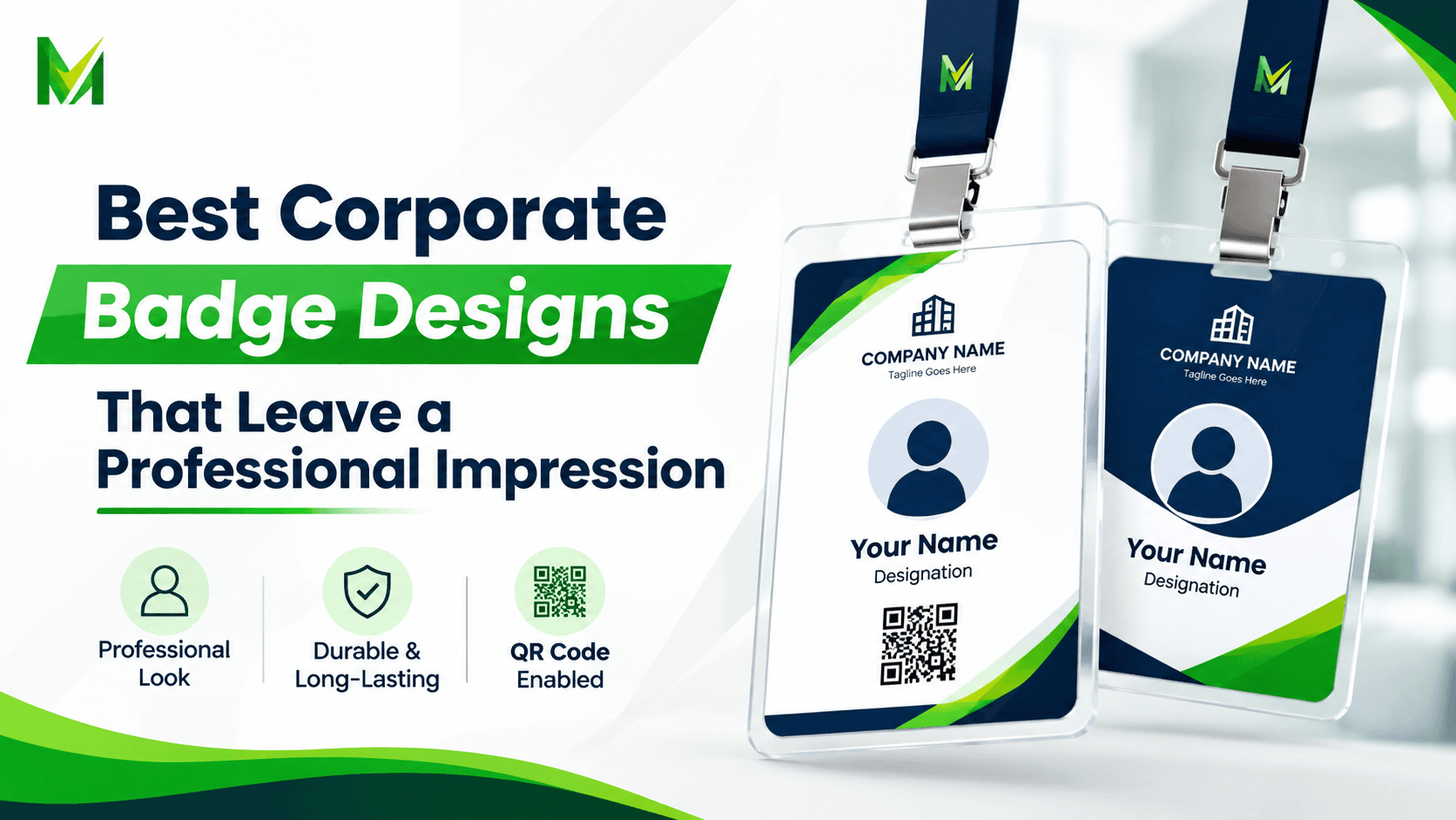 Best corporate badge designs featuring modern professional ID badges with QR codes, lanyards, and customizable layouts.