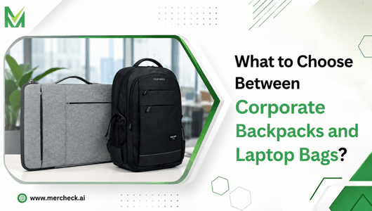 Corporate backpack and laptop bag displayed side by side in a modern office setting with a comparison-focused design.