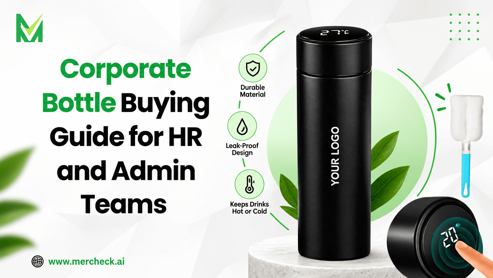 Corporate bottle buying guide for HR and Admin teams featuring a branded black smart water bottle.