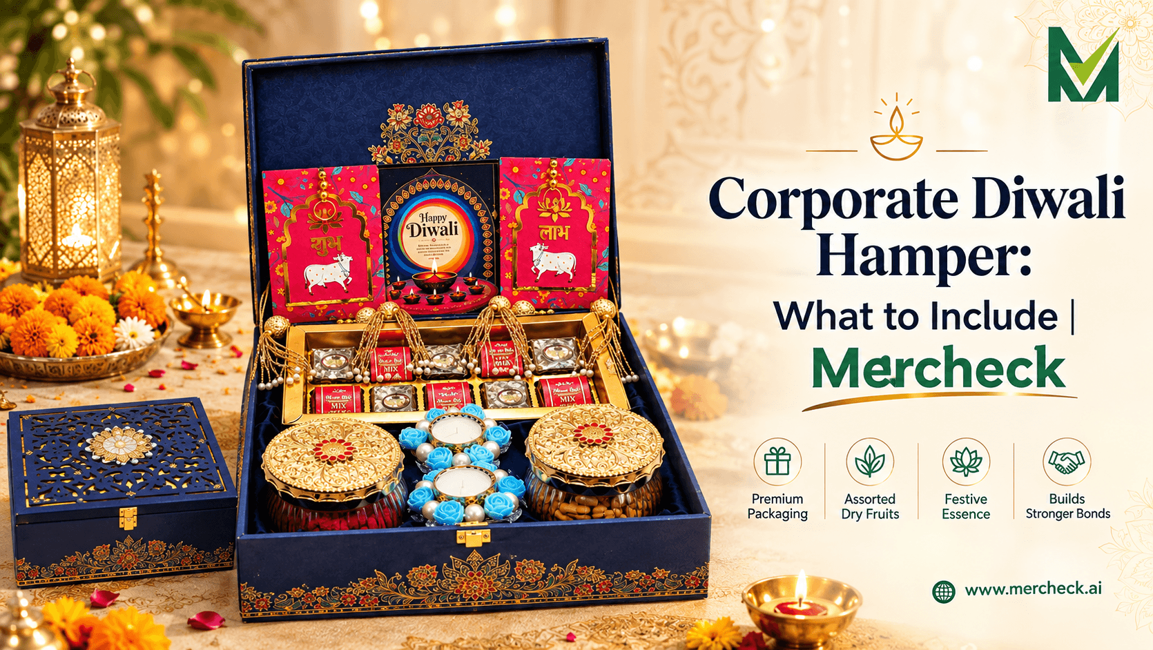 Luxury corporate Diwali hamper with dry fruits, festive gifts, diya and premium packaging by Mercheck