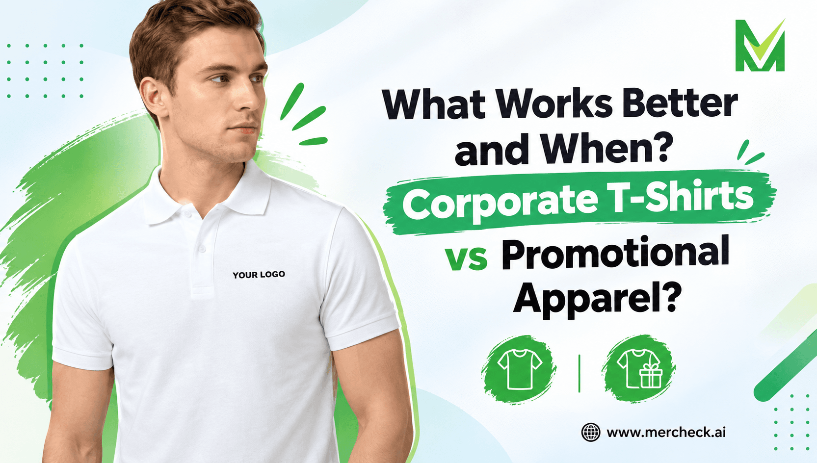 Creative corporate banner featuring a man wearing a white polo shirt with “YOUR LOGO,”