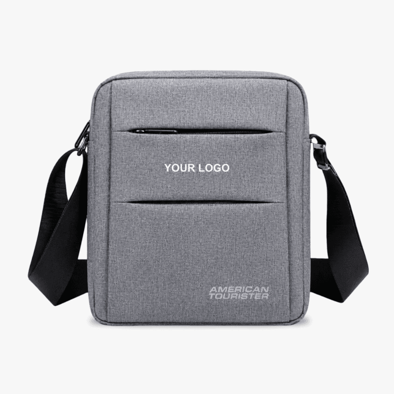Personalised grey fabric bag with company logo for corporate gifts