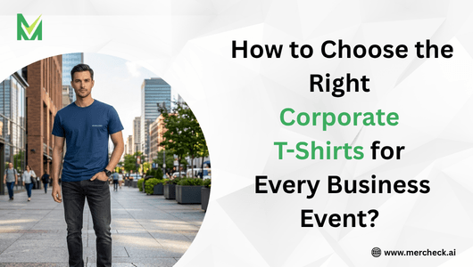 Man wearing a navy blue custom logo t-shirt on a city street -Mercheck blog banner on how to choose the right corporate t-shirts