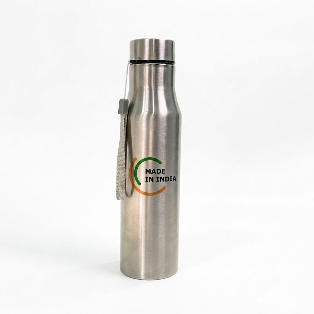 Stainless steel water bottle with Made in India logo branding