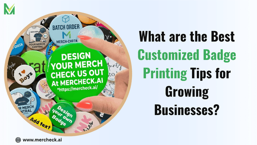 The foreground badge is set against a dense, overlapping pile of assorted custom novelty buttons, some featuring corporate logos, t-shirt icons, and promotional text for Mercheck.