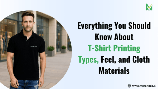 Man wearing a custom black polo t-shirt with logo printing — blog banner for "Everything You Should Know About T-Shirt Printing Types, Feel, and Cloth Materials "by Mercheck